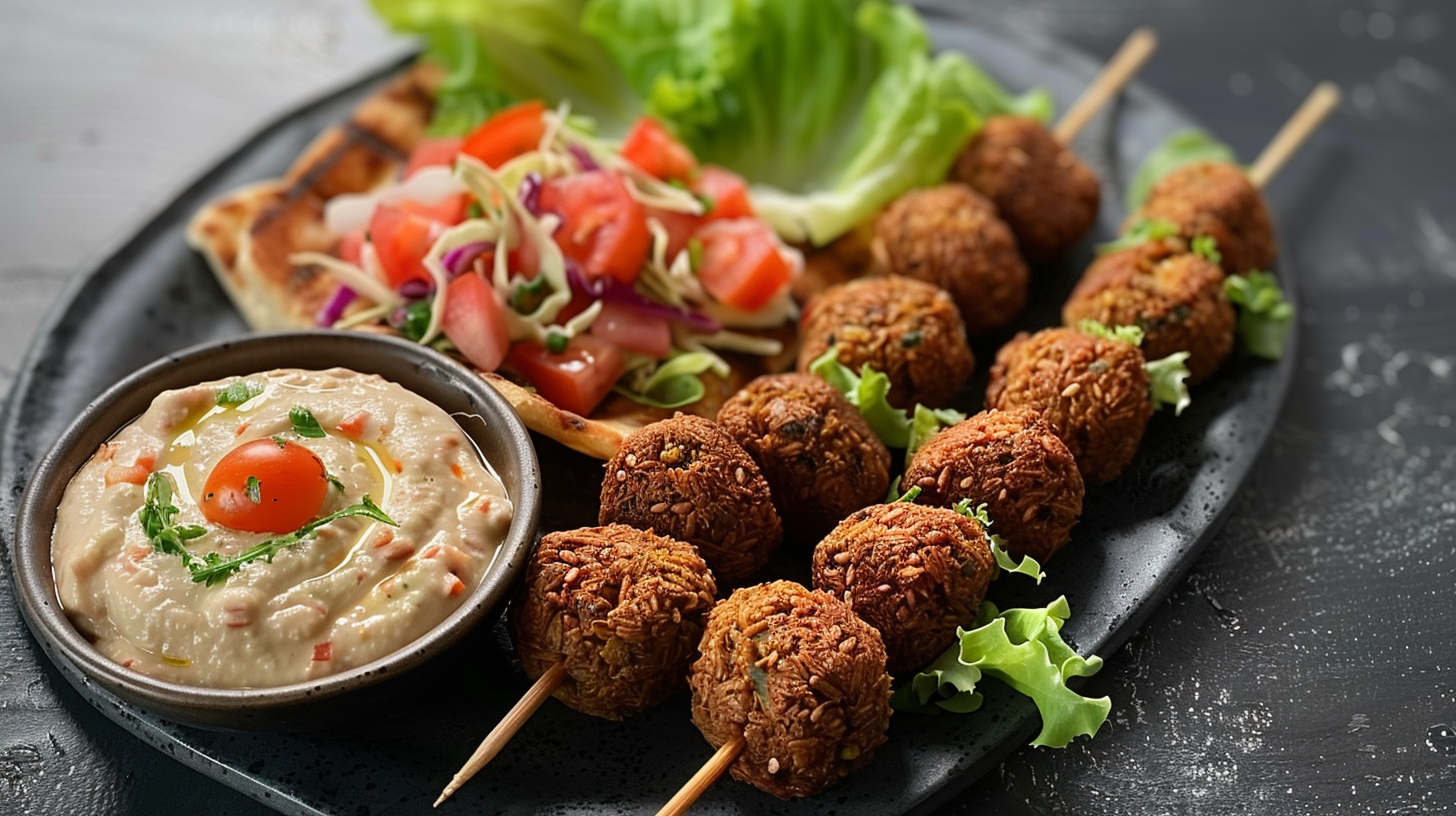 Plato de falafel con hummus y ensalada americana